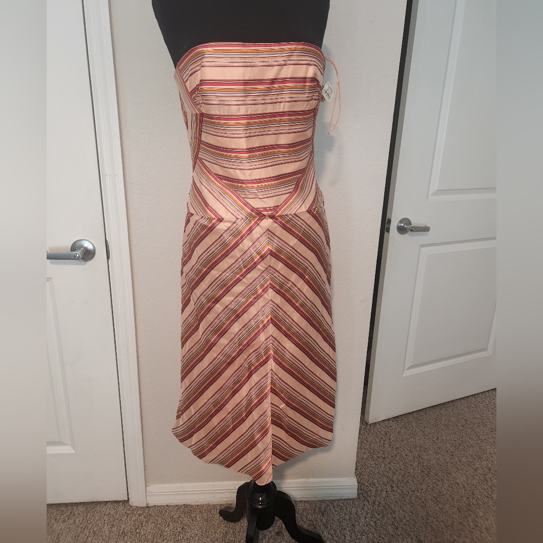 Carolina Herrera Vintage Strapless Midi Dress In Cream And Burgundy Stripes